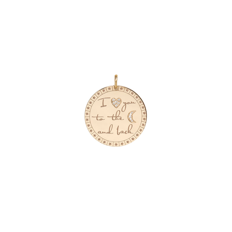 14k Large Pavé Diamond "I love you to the moon & back" Mantra Charm