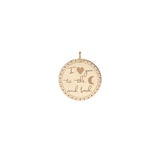 Zoë Chicco 14kt Gold Single Large Mantra Medallion Disc Charm Pendant engraved with I "heart" you to the "moon" and back