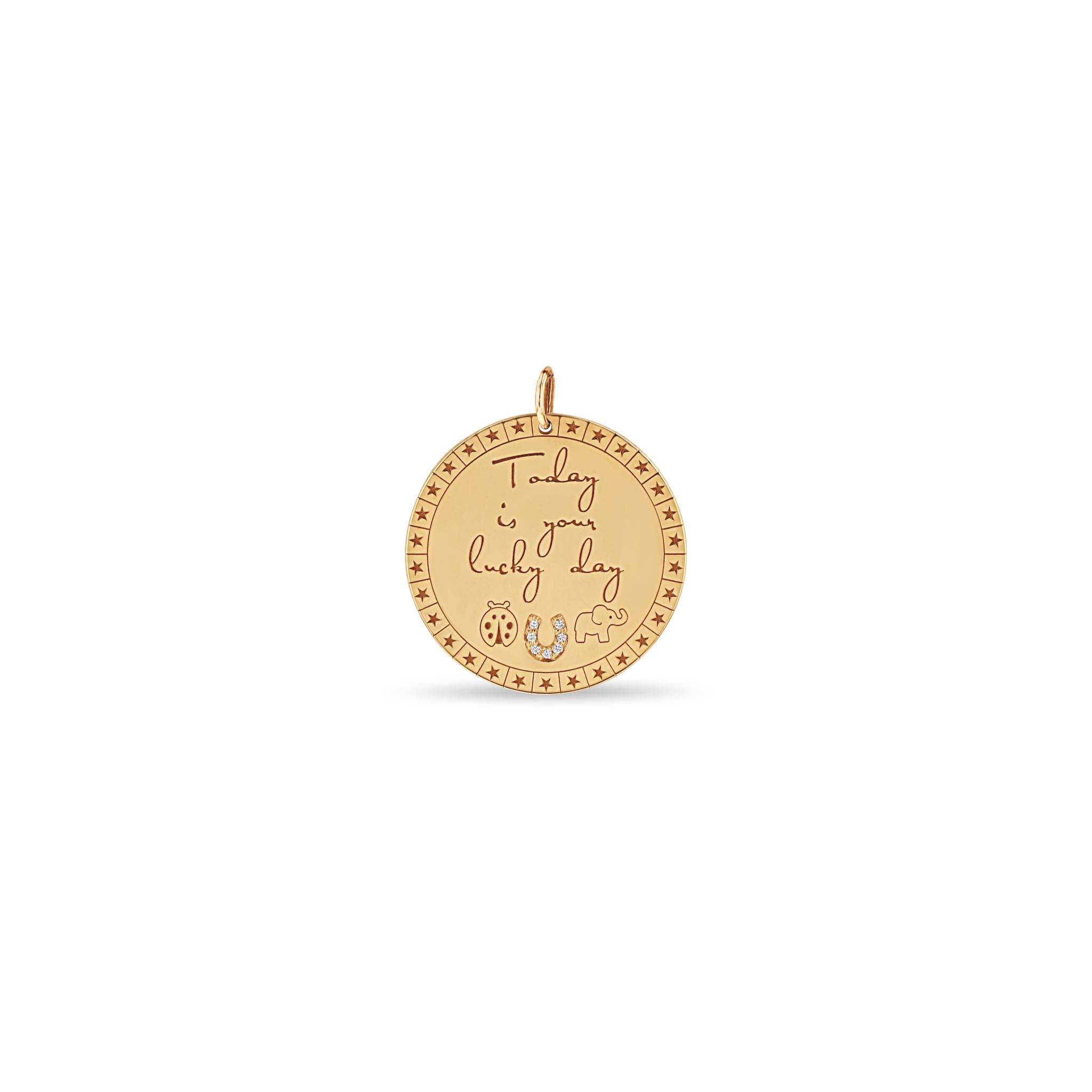 Zoë Chicco 14k Gold Large "Today is your lucky day" Mantra with Lucky Symbols Pendant