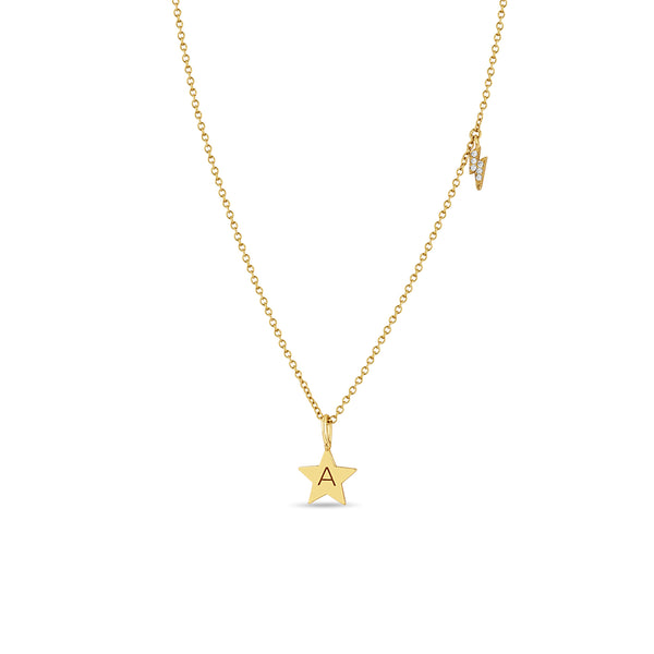 Zoë Chicco 14kt Gold Initial Star & Pavé Diamond Lightning Bolt Charm Necklace