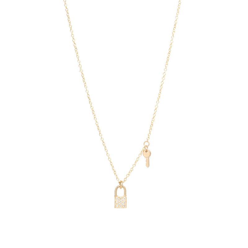 Zoë Chicco 14kt Gold Midi Bitty Pavé Diamond Lock & Key Charm Necklace