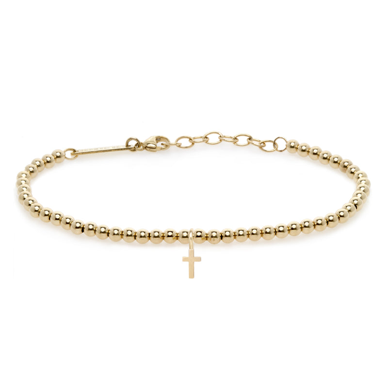 Zoë Chicco 14kt Small Gold Bead Bracelet with Midi Bitty Cross