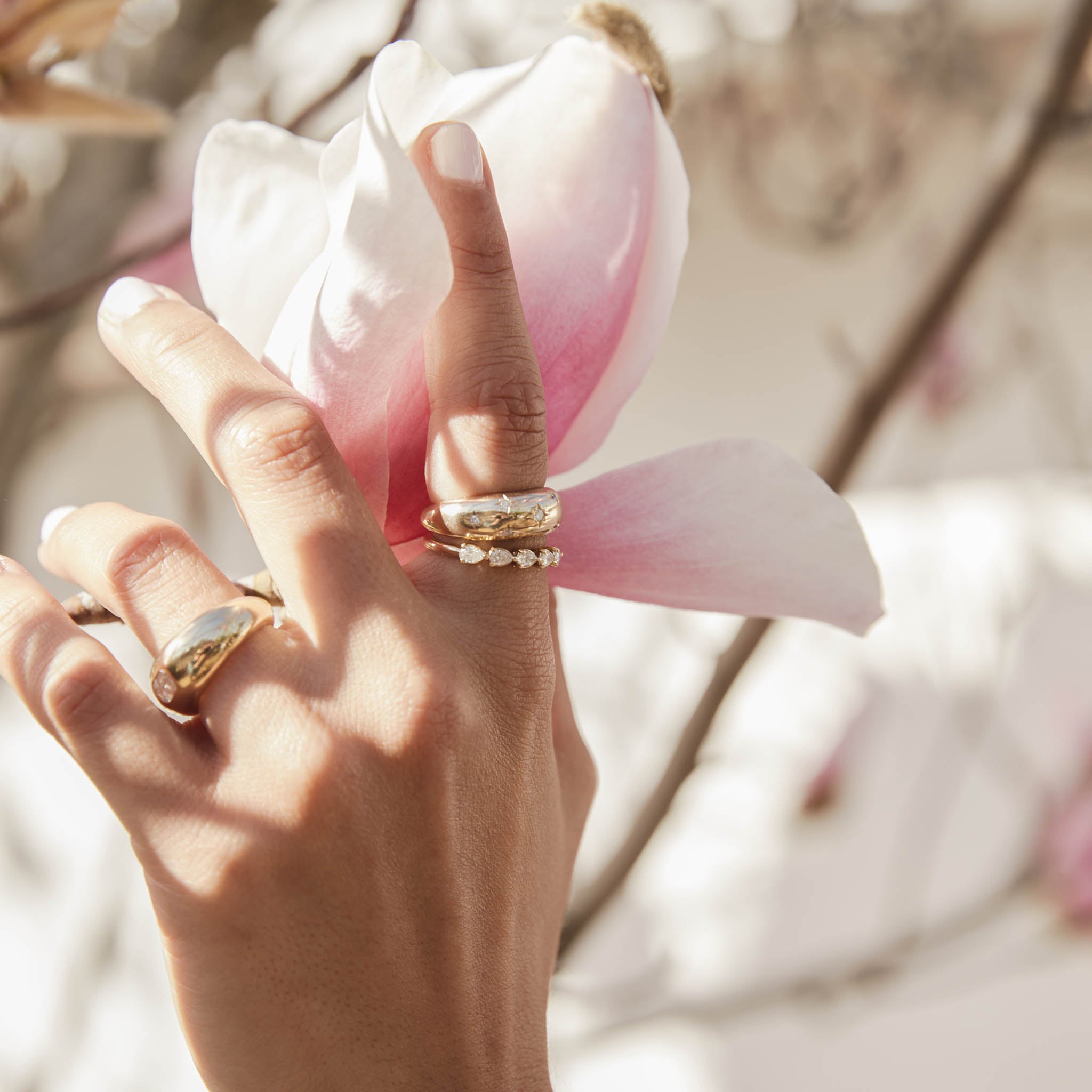 woman's hand holding a pink flower wearing a Zoë Chicco 14k Gold 5 Pear Diamond Band Ring and a 14k Scattered Star Set Diamonds Small Aura Ring stacked together on her index finger