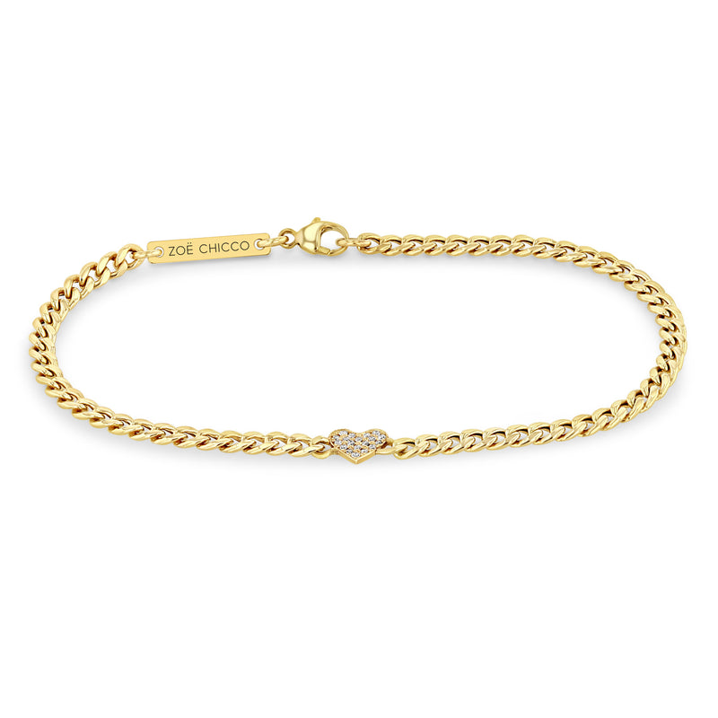 Front view of Zoë Chicco 14k Gold Midi Bitty Pavé Diamond Heart Small Curb Chain Bracelet