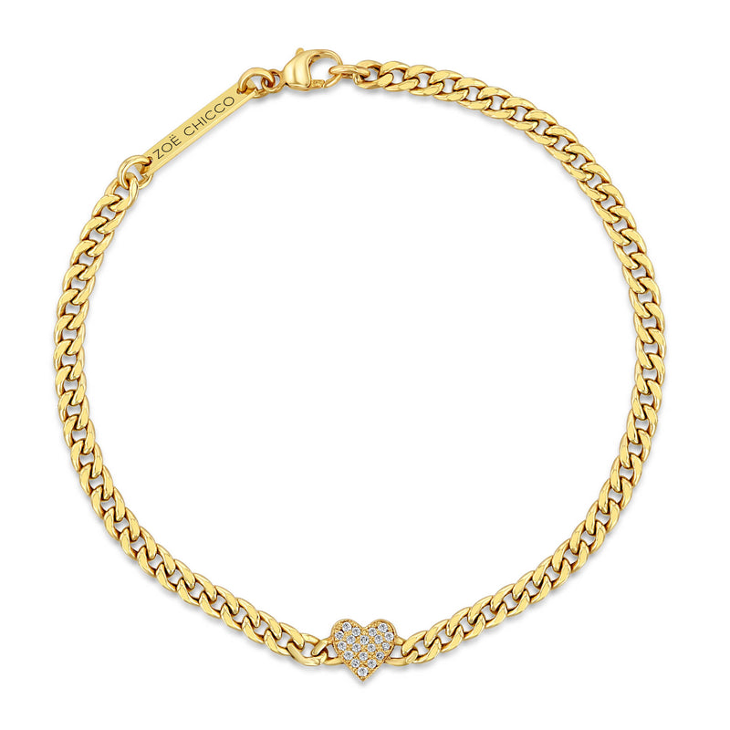 Top down view of Zoë Chicco 14k Gold Midi Bitty Pavé Diamond Heart Small Curb Chain Bracelet