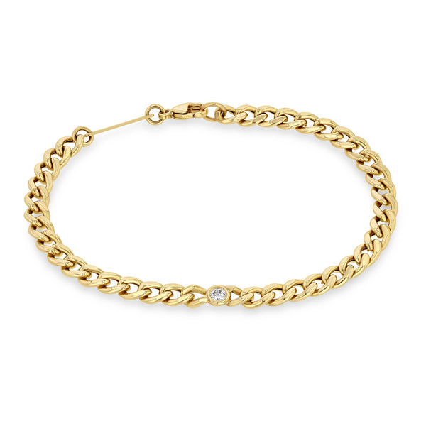 14k Medium Curb Chain Bracelet with Single Floating Diamond