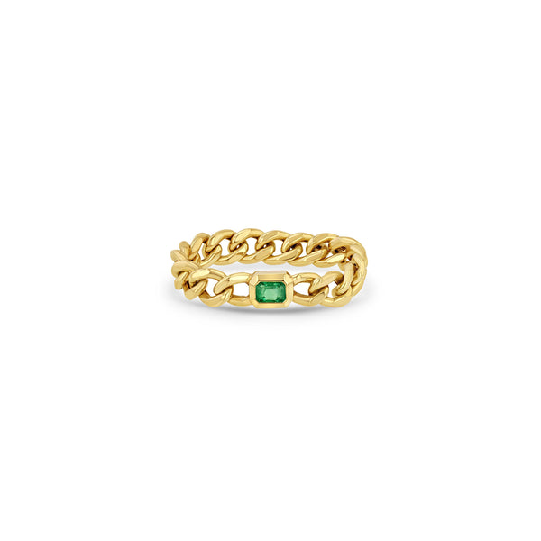 Zoë Chicco 14k Gold Medium Curb Chain Ring with Emerald Cut Emerald