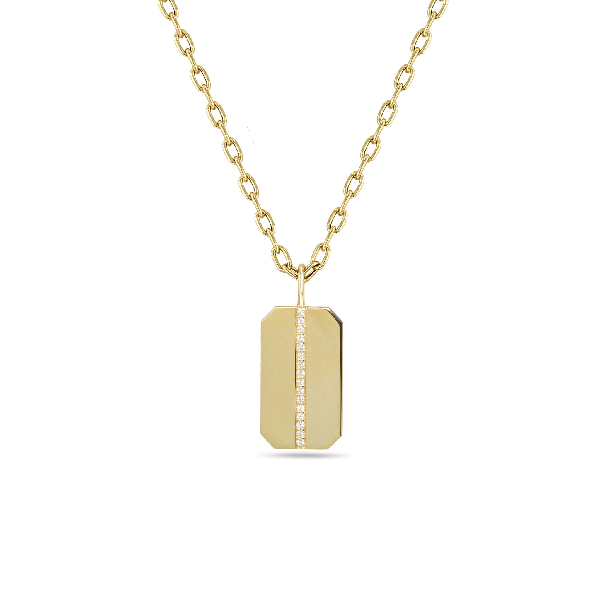Zoë Chicco 14kt Gold Medium Pavé Diamond Square Edge Dog Tag Square Oval Chain Necklace