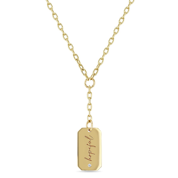 Zoë Chicco 14k Gold Medium "hopeful" Square Edge Dog Tag Lariat Necklace on Small Square Oval Chain