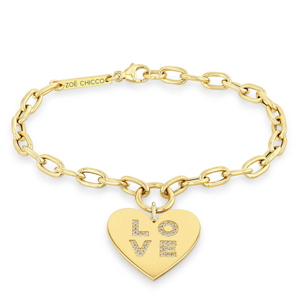 Zoë Chicco 14k Gold Pavé Diamond LOVE Heart Charm Square Oval Chain Bracelet