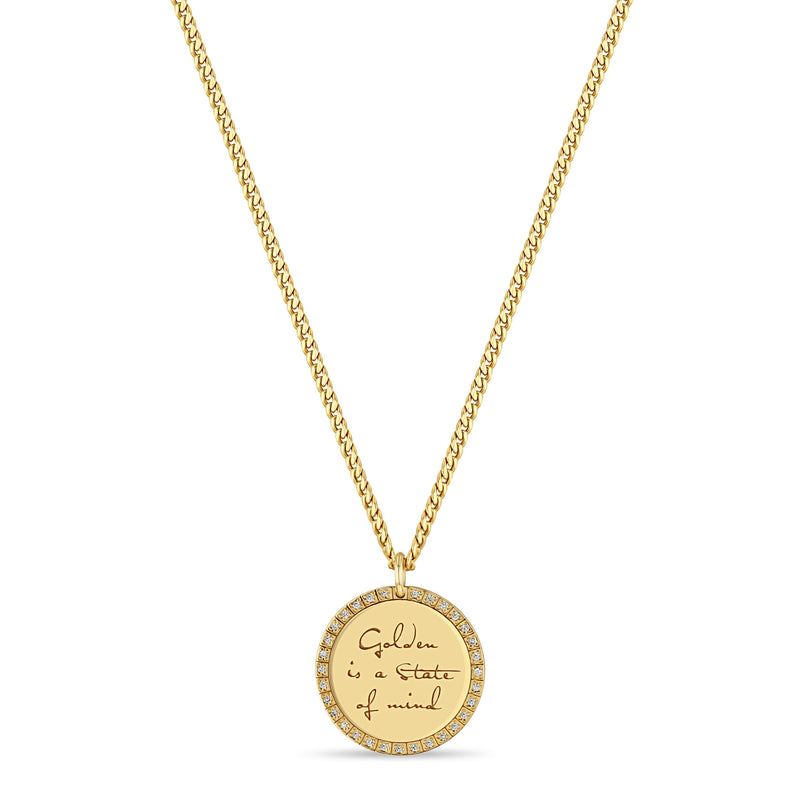 Zoë Chicco 14k Gold Medium Mantra with Diamond Border Small Curb Chain Necklace engraved with Golden is a state of mind