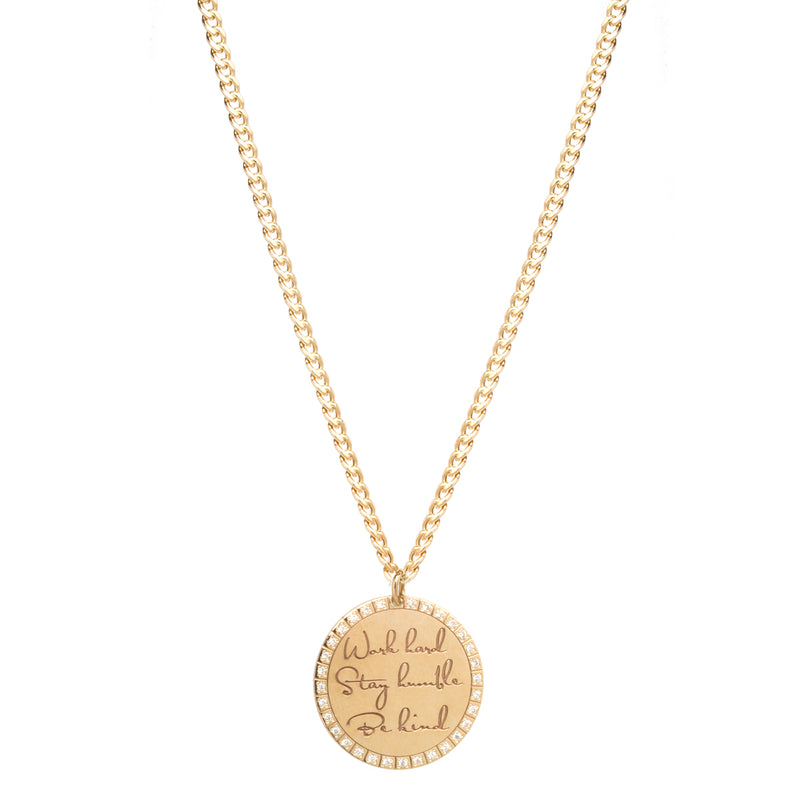 Zoe Chicco 14kt Gold Medium Mantra Pendant Small Curb Chain Necklace engraved with Work hard Stay humble Be kind