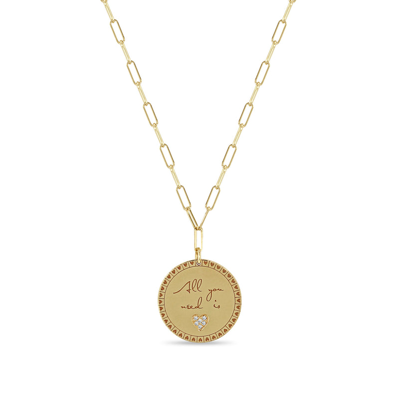 Zoë Chicco 14k Gold Medium "All you need is love" Mantra with Diamond Heart Paperclip Chain Necklace