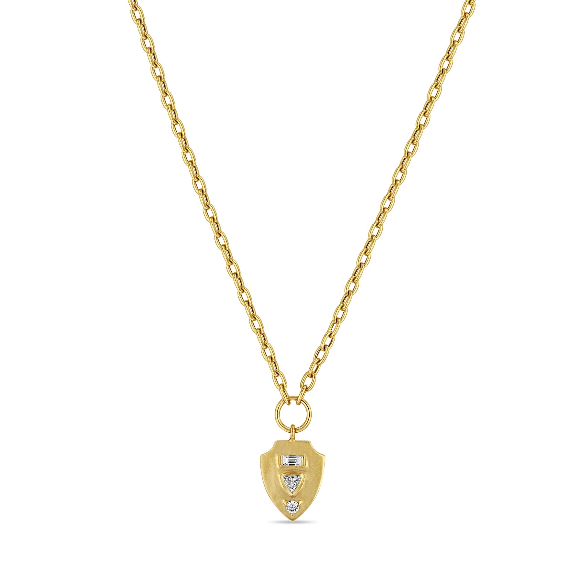 Zoë Chicco 14k Gold Mixed Cut Diamond Brushed Gold Shield Pendant Necklace