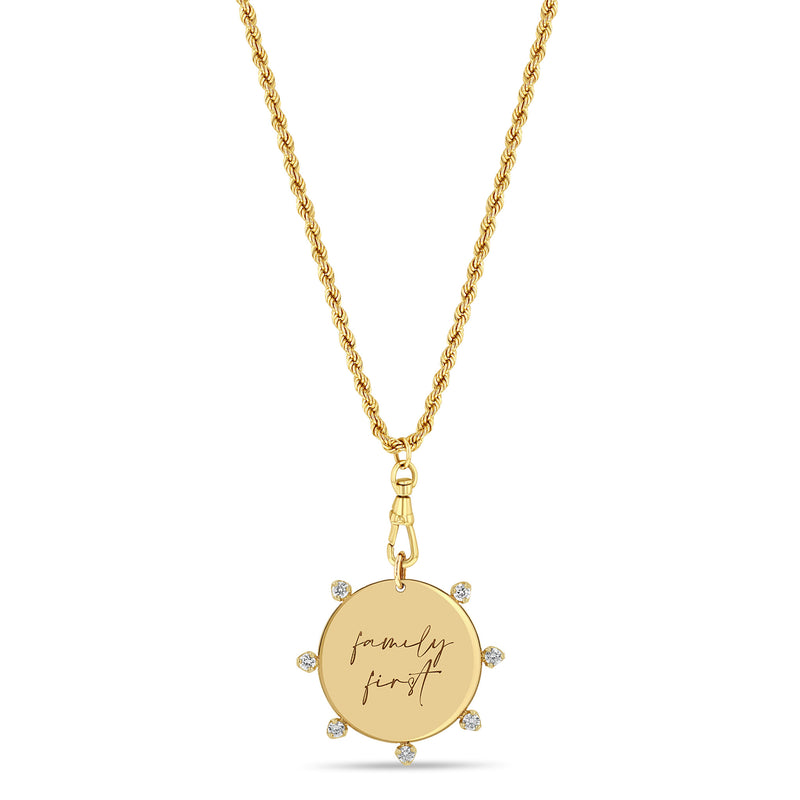 Zoë Chicco 14k Gold Medium "family first" Disc with Prong Diamonds Rope Chain Necklace