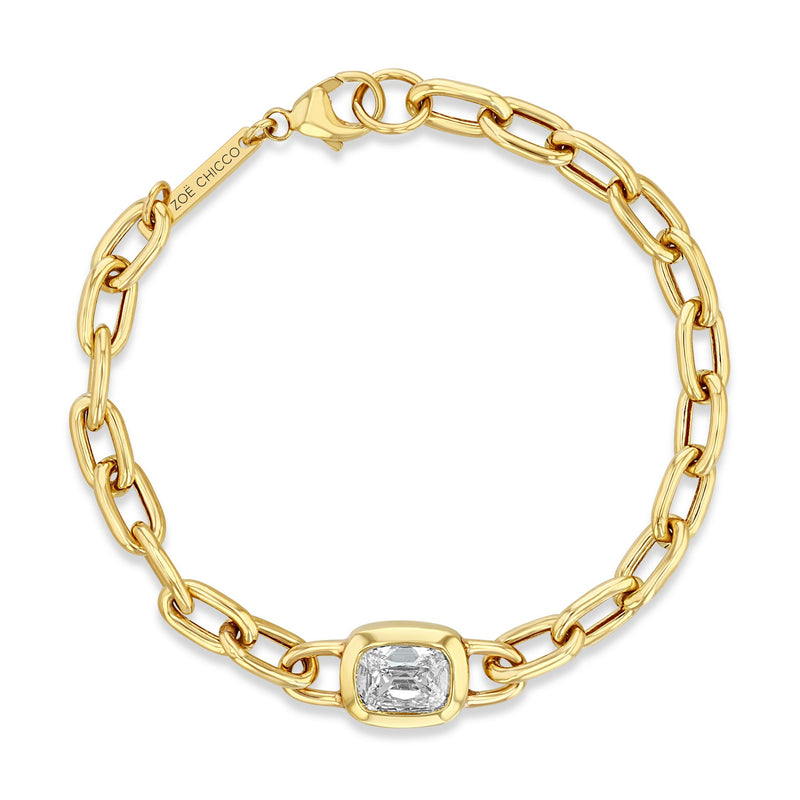 top down view of a Zoë Chicco 14k Gold One of a Kind 1.61 ctw Mine Cut Cushion Diamond XL Square Oval Chain Bracelet