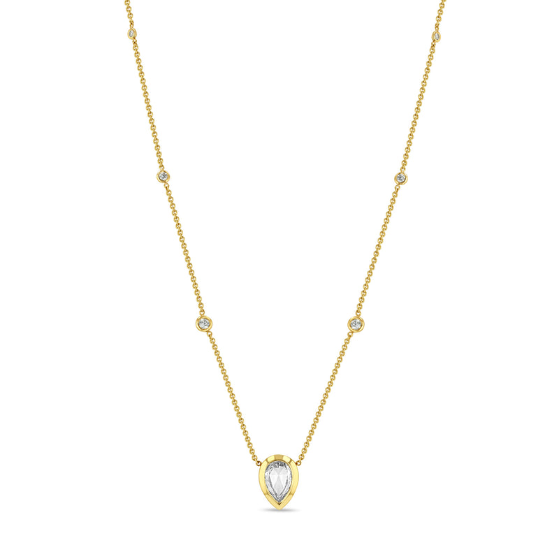 Zoë Chicco 14k Gold One of a Kind 1.31 ctw Rose Cut Pear Diamond with Graduated Floating Diamond Stations Necklace