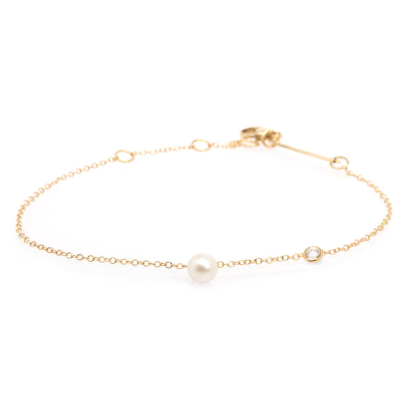 14k Dangling Pearl Charm Bracelet with Floating Diamond