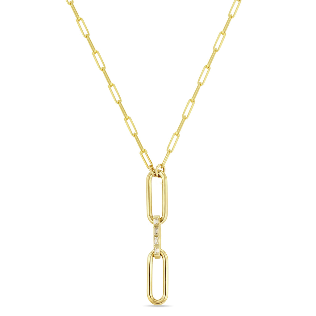 Zoë Chicco 14K Gold Mixed Paperclip Chain Lariat with Baguette Diamond Link