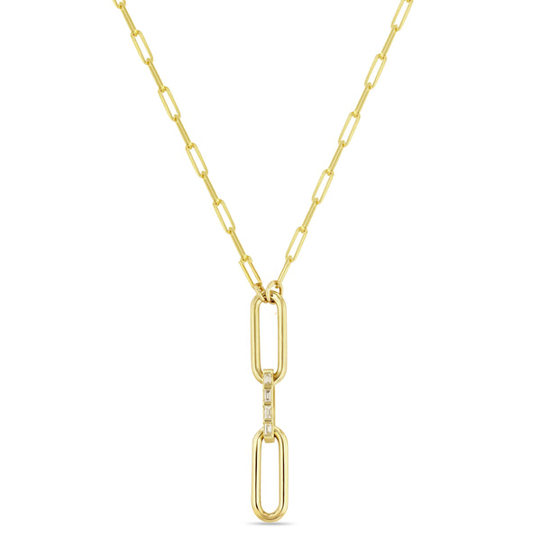 Zoë Chicco 14k Gold Mixed Paperclip Chain Lariat Necklace with Baguette Diamond Link