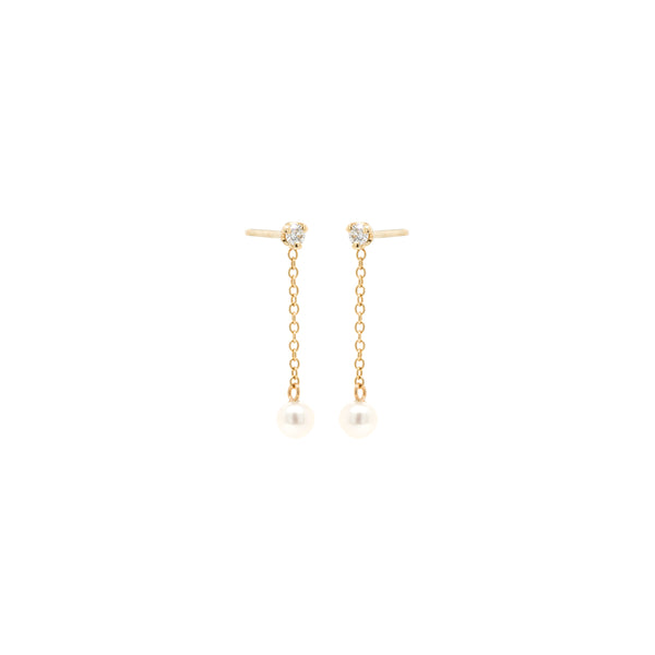 Zoë Chicco 14kt Gold Prong Diamond & Tiny Pearl Chain Drop Earrings