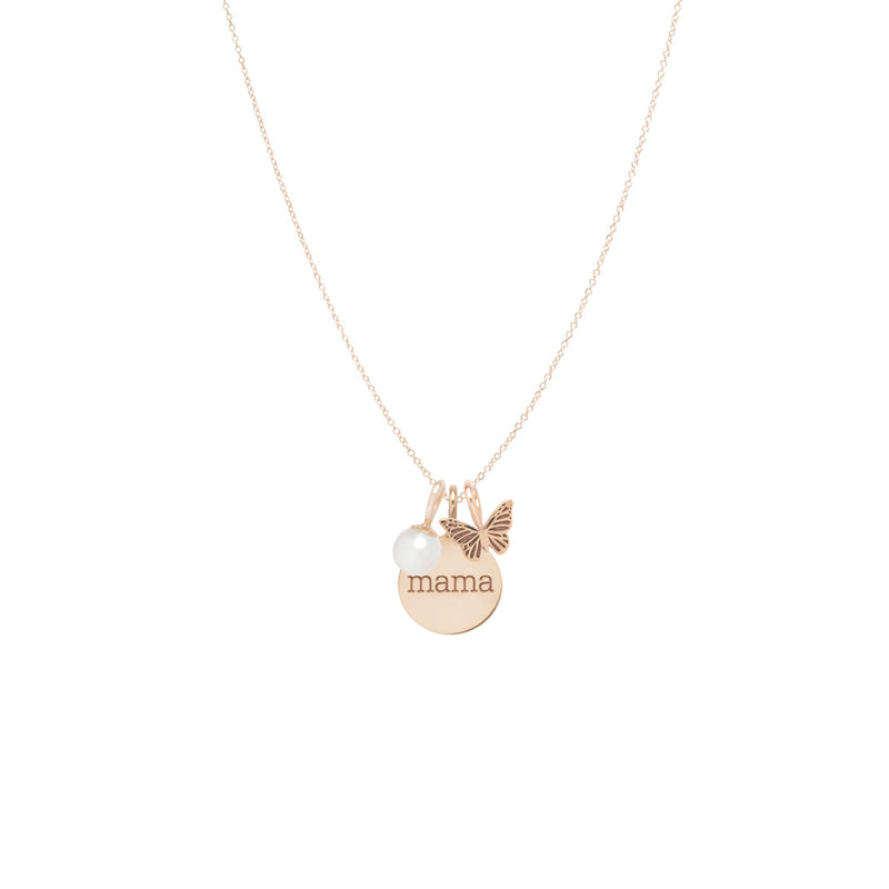 14k Gold "mama" Disc Charm Necklace with Butterfly & Pearl