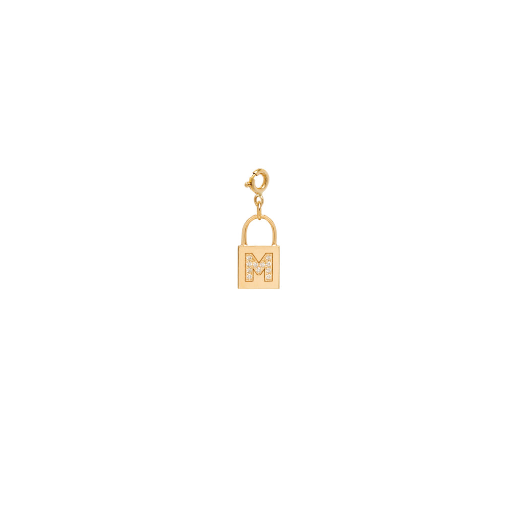 14k Pavé Diamond Initial Letter Small Padlock Charm on Spring Ring