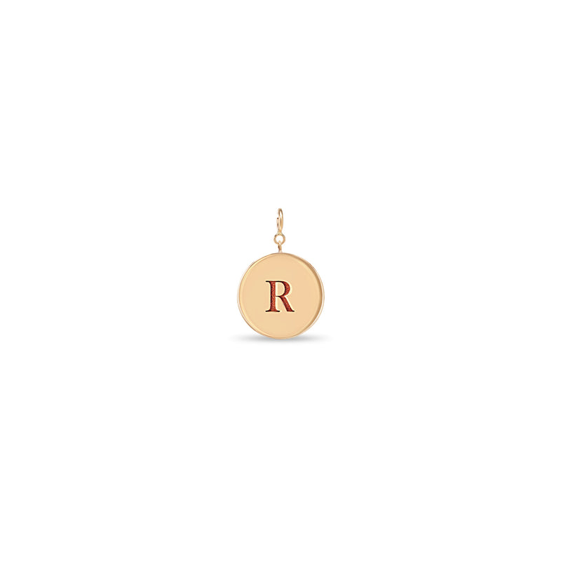 Zoë Chicco 14k Gold Small Initial Disc Spring Ring Charm Pendant with the letter R engraved