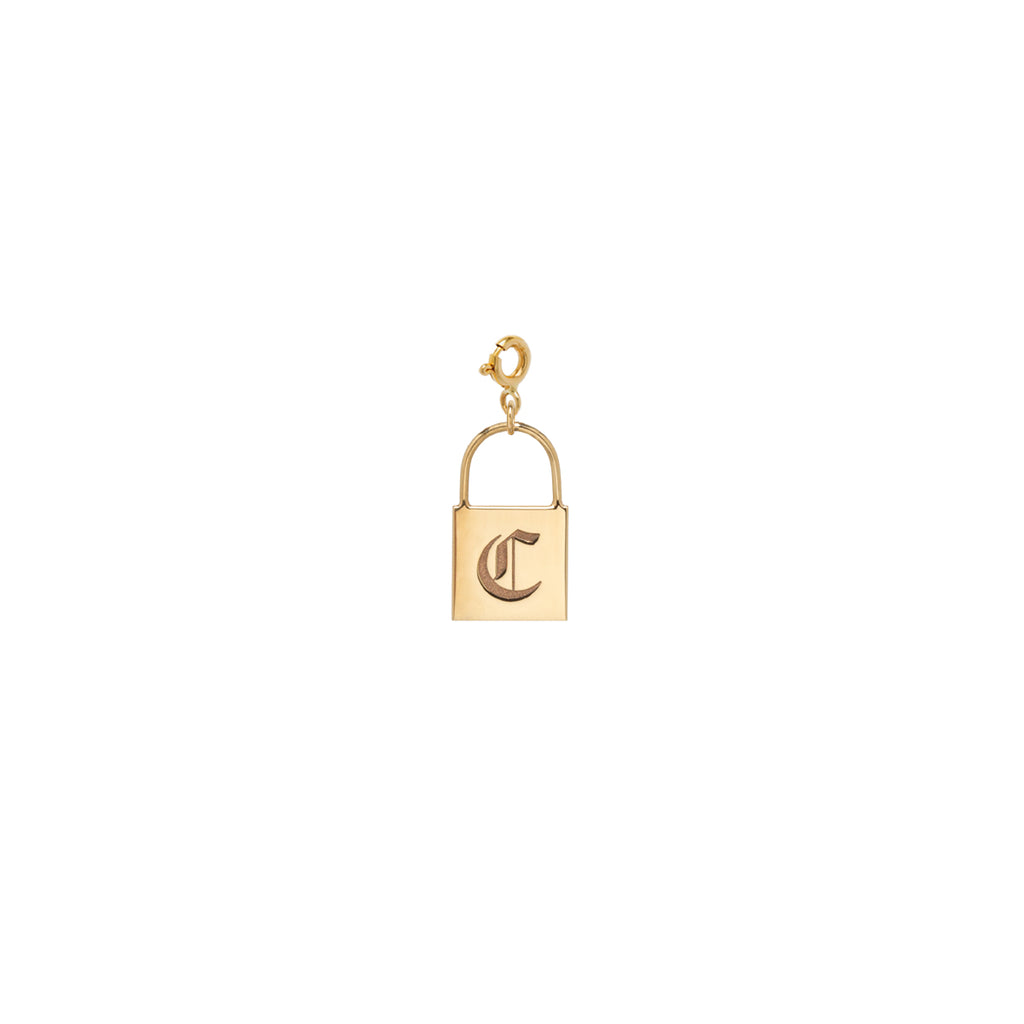 14k Old English Initial Letter Large Padlock Charm on Spring Ring