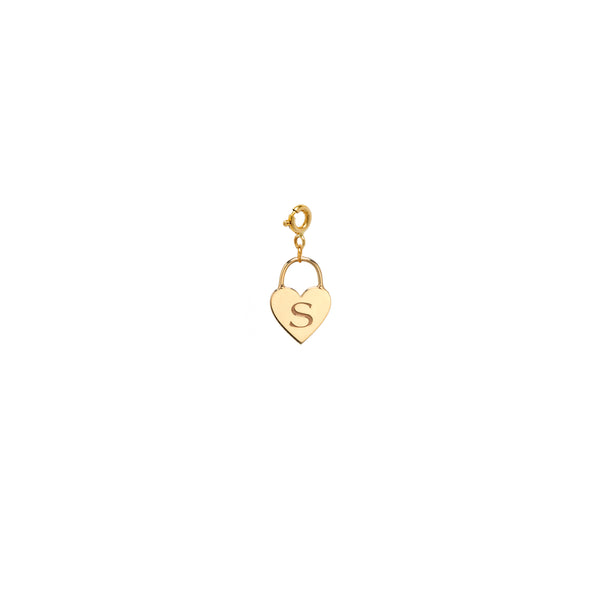 14k Engraved Initial Heart Padlock Spring Ring Charm Pendant - SALE