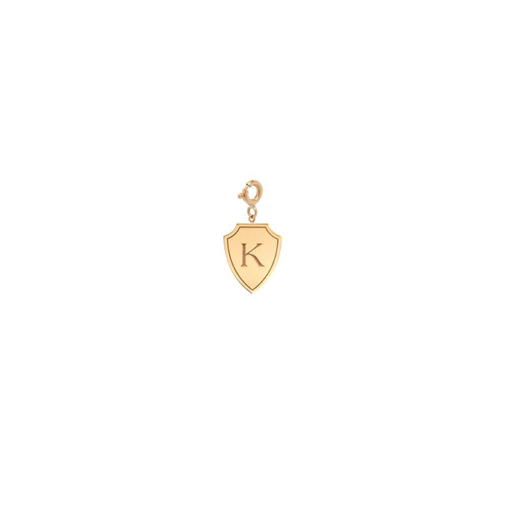 14k Initial Shield Charm Pendant on Spring Ring