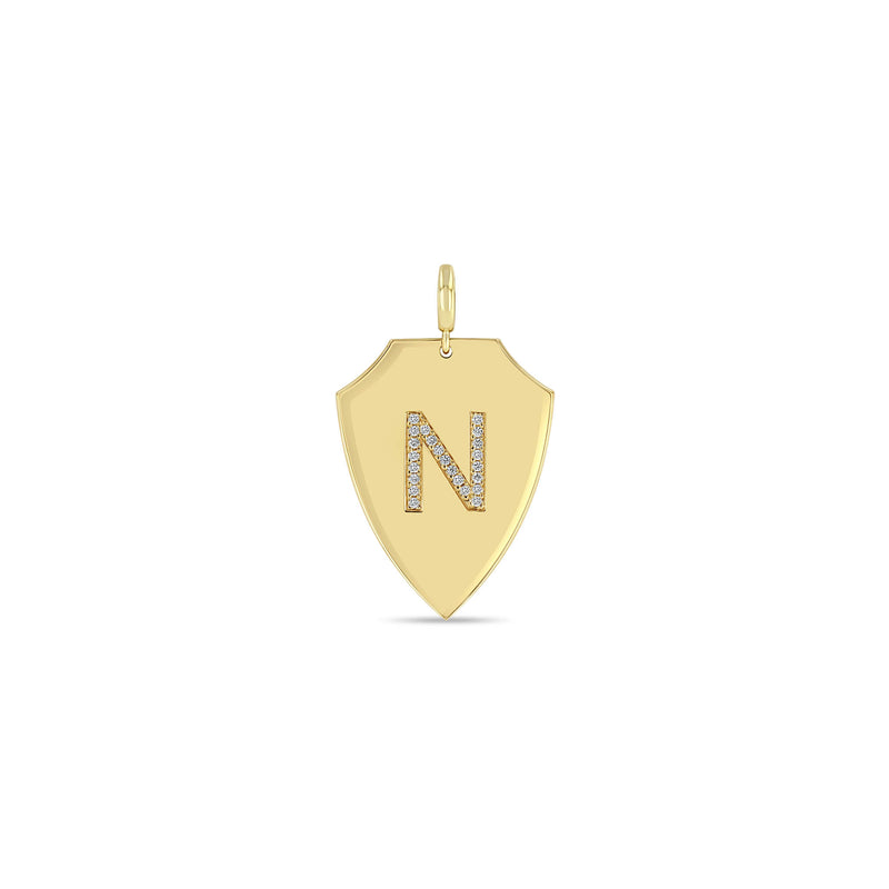 Zoë Chicco 14k Gold Pavé Diamond Initial Large Shield Clip On Charm Pendant with the letter N