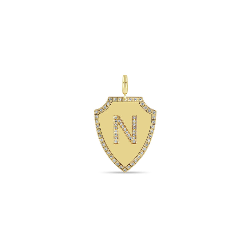 Zoë Chicco 14k Gold Pavé Diamond Initial with Diamond Border Large Shield Clip On Charm Pendant with the letter N