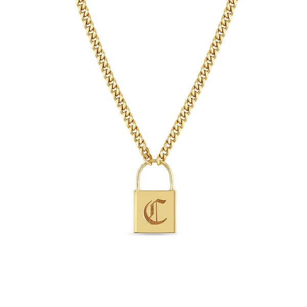 Zoë Chicco 14kt Gold Large Engraved Initial Padlock Small Curb Chain Necklace