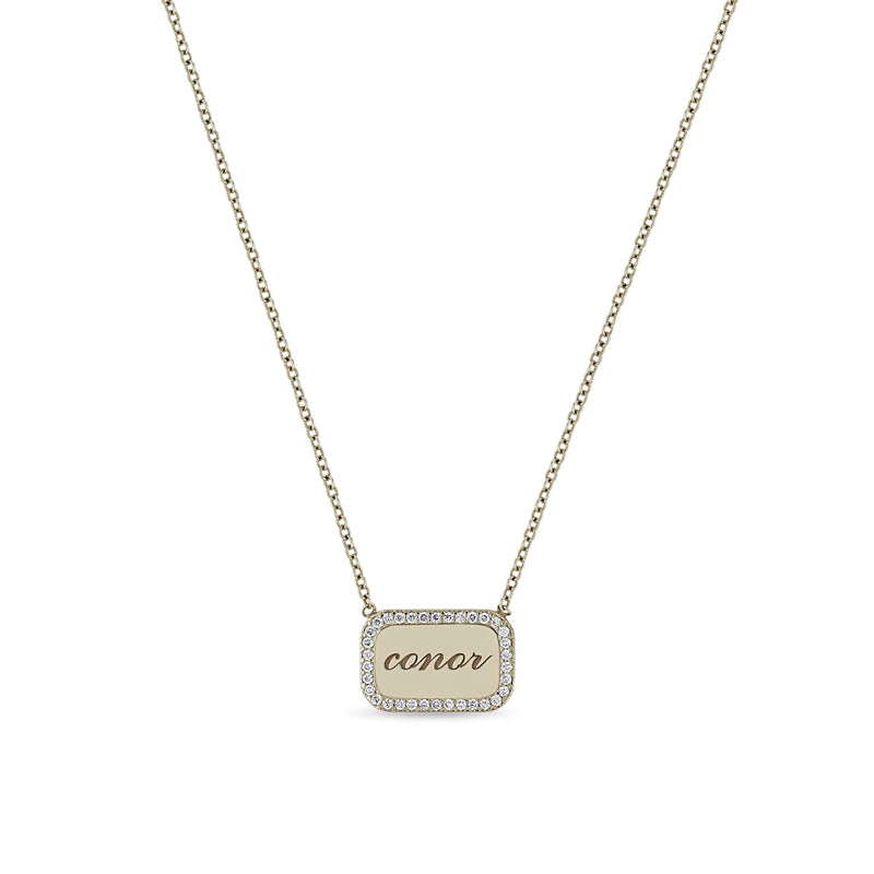 Zoë Chicco 14kt Gold Personalized Rounded Rectangle Diamond Border Nameplate Necklace
