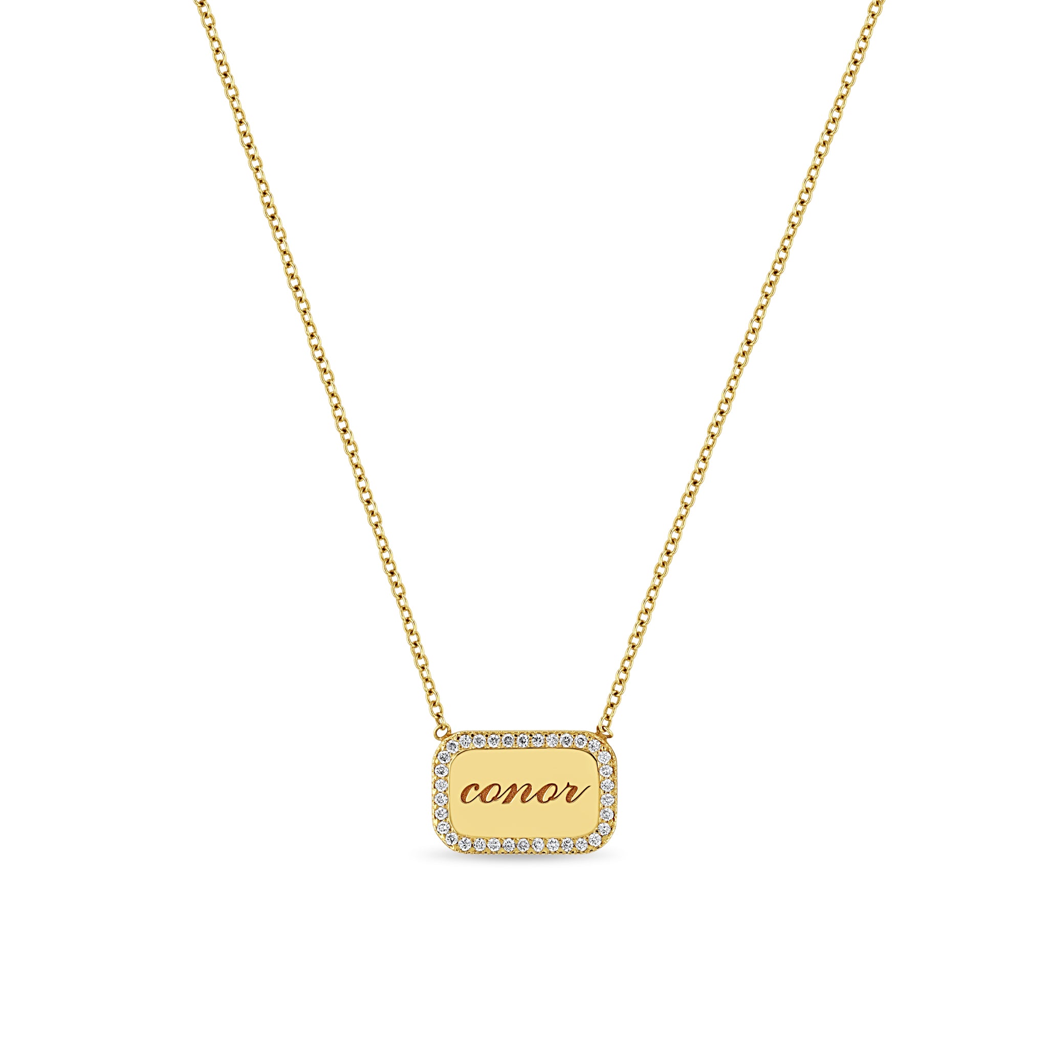 Zoë Chicco 14kt Gold Personalized Rounded Rectangle Diamond Border Nameplate Necklace