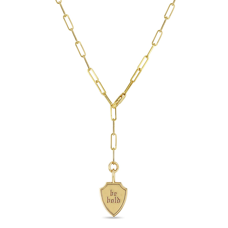 Zoë Chicco 14k Gold Small "be bold" Shield Necklace on Adjustable Paperclip Chain.