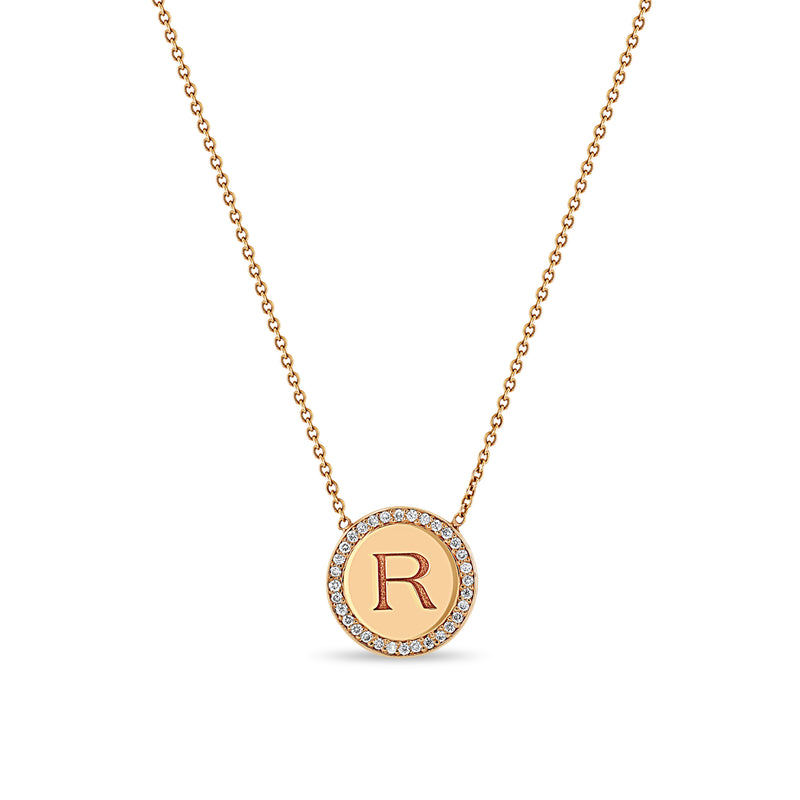 Zoë Chicco 14kt Gold Engraved Initial with Diamond Halo Disc Necklace