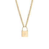 14k Large Padlock with Star Set Diamond Curb Chain Necklace
