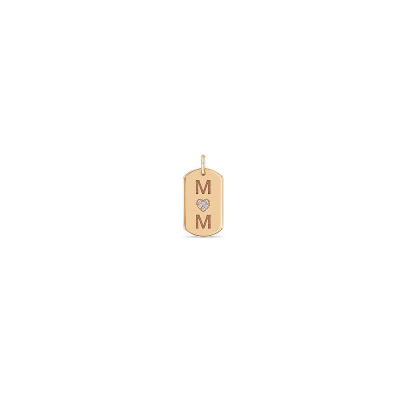 14k Single MOM with Pavé Diamond Heart X-Small Dog Tag Charm Pendant