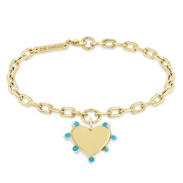 Zoë Chicco 14k Gold 7 Prong Turquoise Heart Charm Medium Square Oval Chain Bracelet