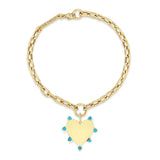 top down view of a Zoë Chicco 14k Gold 7 Prong Turquoise Heart Charm Medium Square Oval Chain Bracelet