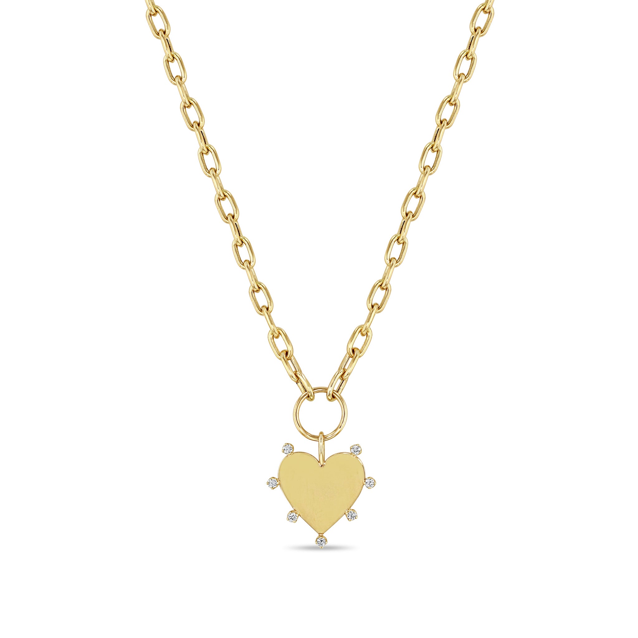 Zoë Chicco 14k Gold 7 Prong Diamond Heart Pendant on Medium Square Oval Link Chain