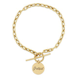 top view of Zoë Chicco 14k Gold Amore Charm Medium Square Oval Link Toggle Bracelet laying flat