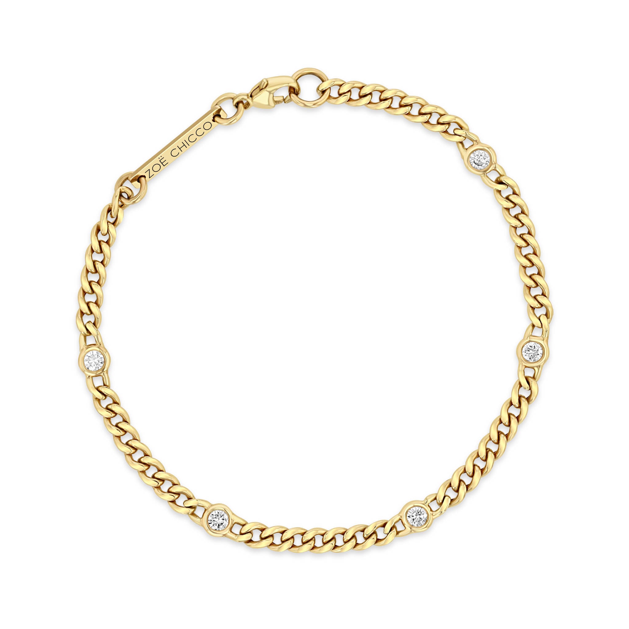 top down view of a Zoë Chicco 14k Gold Small Curb Chain Bracelet with 5 Floating Diamonds