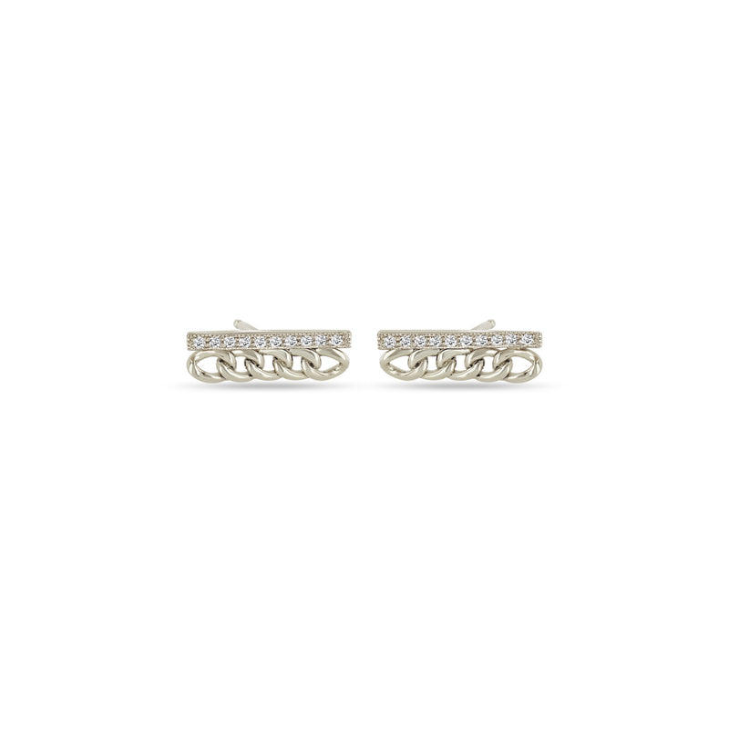 Zoë Chicco 14k White Gold Small Curb Chain & Pavé Diamond Bar Stud Earrings