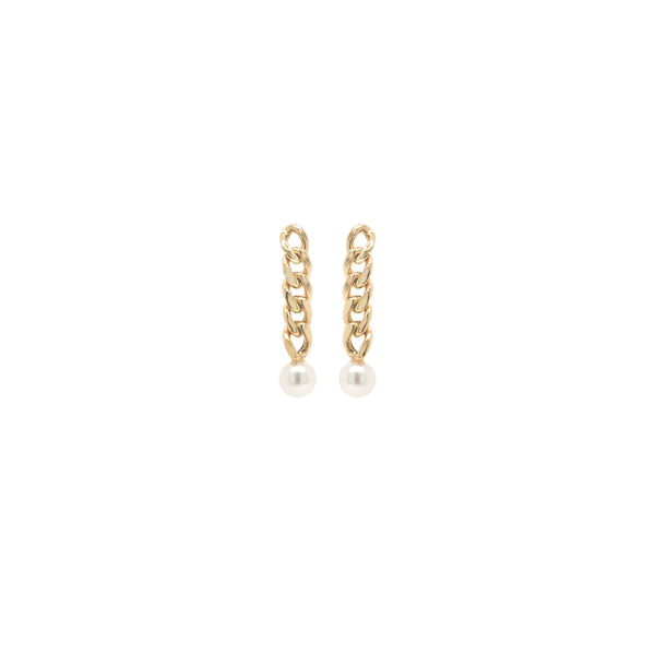14k Tiny Pearl Small Curb Chain Drop Earrings