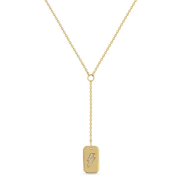 Zoë Chicco 14k Gold Pavé Diamond Lightning Bolt Small Square Edge Dog Tag Lariat Necklace