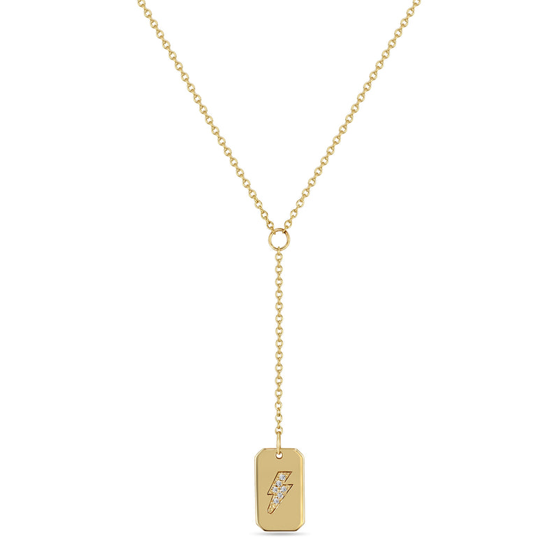 Zoë Chicco 14k Gold Pavé Diamond Lightning Bolt Small Square Edge Dog Tag Lariat Necklace