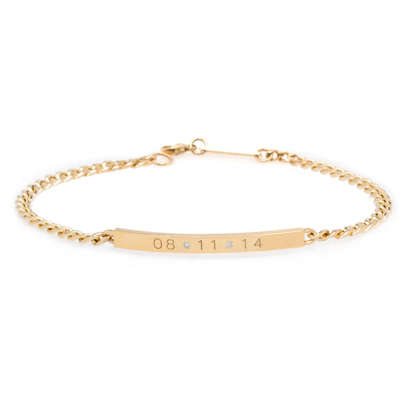 Zoë Chicco 14k Gold Personalized Date ID Small Curb Chain Bracelet with 2 Diamonds